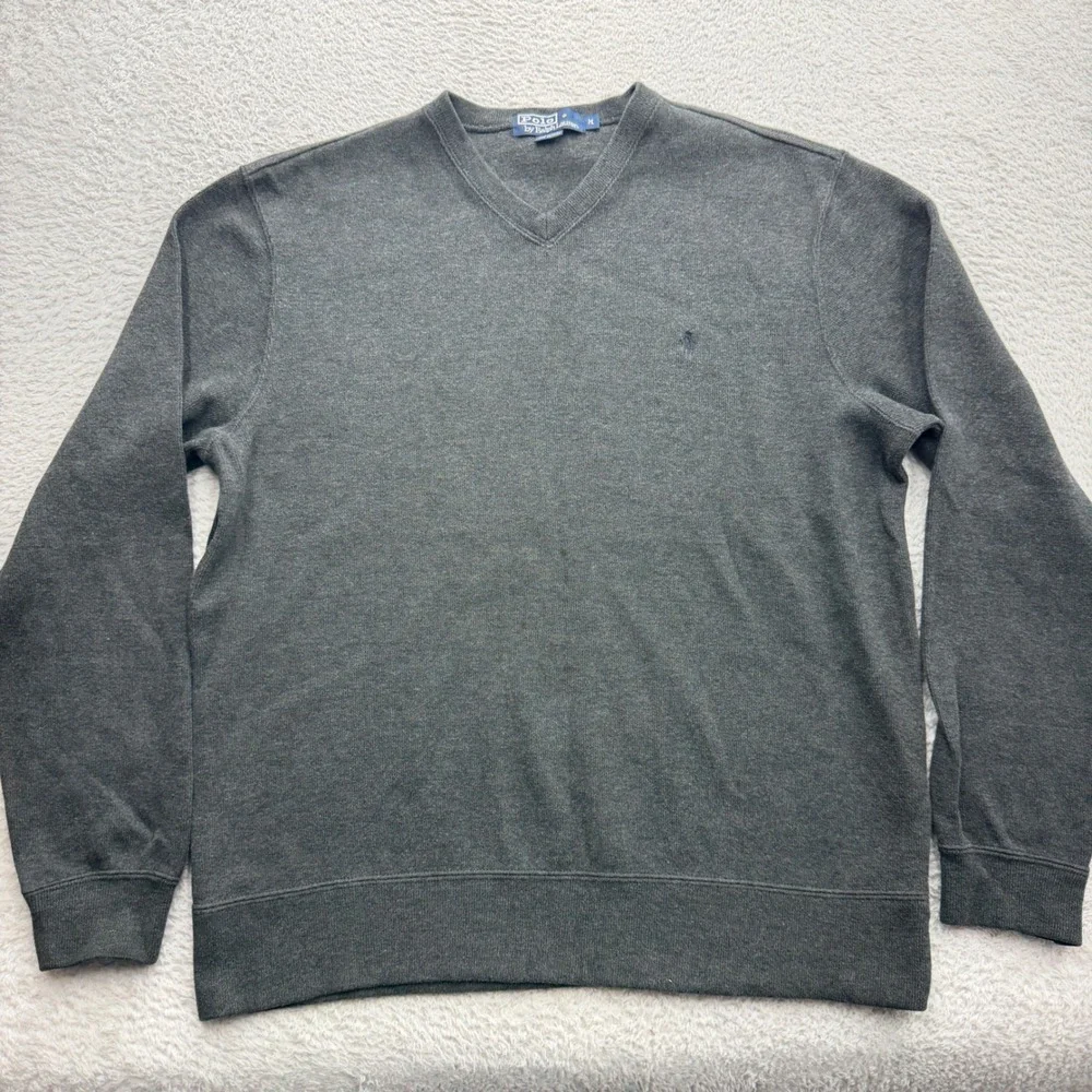 Polo Ralph Lauren Mens V-Neck Sweater Charcoal Gray 100% Cotton Size Medium